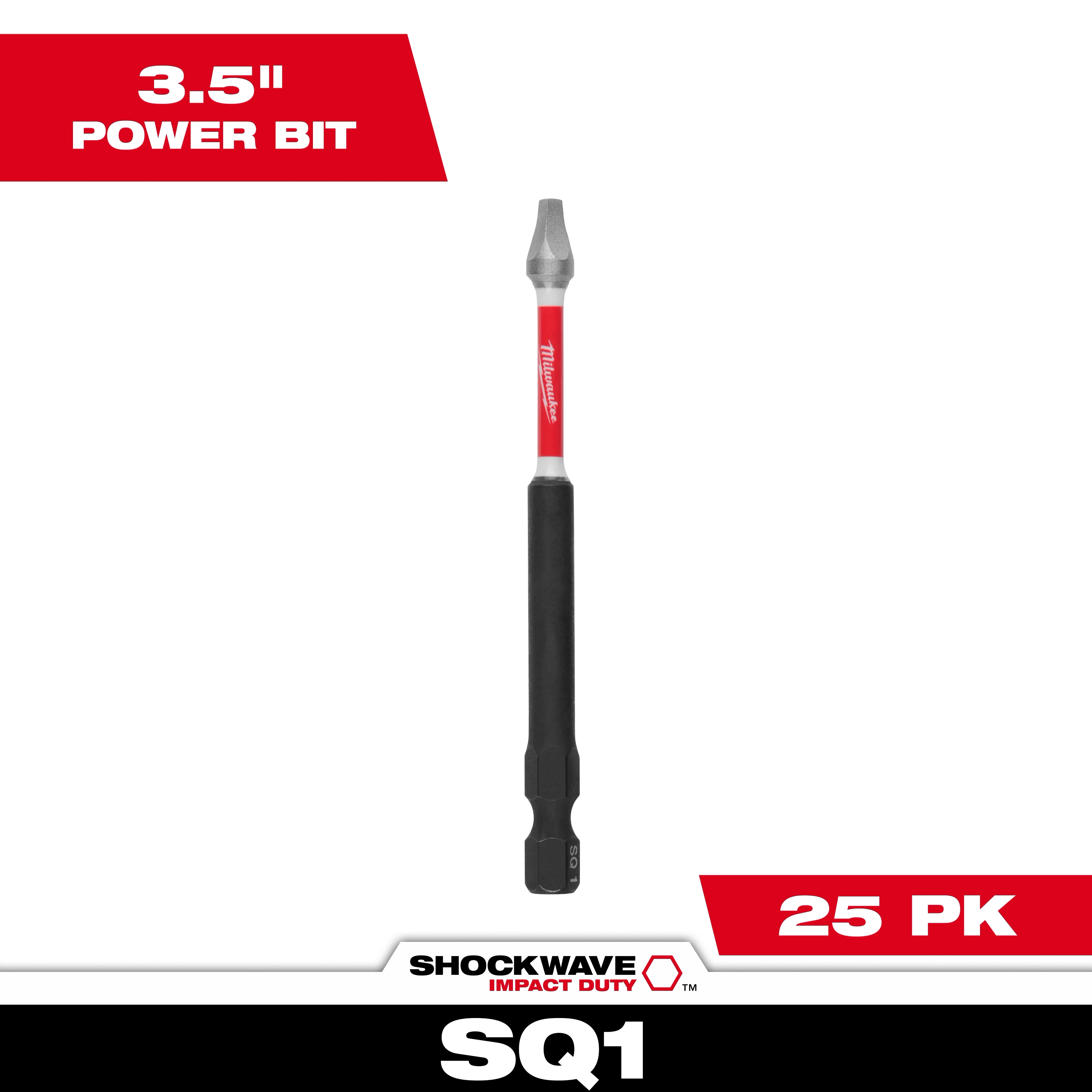 Image of a SHOCKWAVE™ 3.5" Impact Duty Square Recess #3 Power Bit from Milwaukee, showing one bit with a red and black color scheme. The text indicates it is a 3.5" power bit, and the pack contains 25 bits.