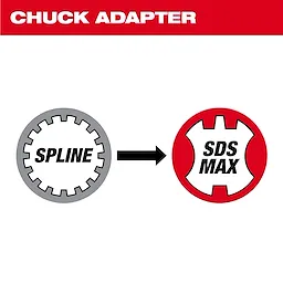The image shows a diagram indicating the conversion from SPLINE to SDS MAX chuck type using the Spline to SDS Max Adapter. The text "CHUCK ADAPTER" is displayed at the top.