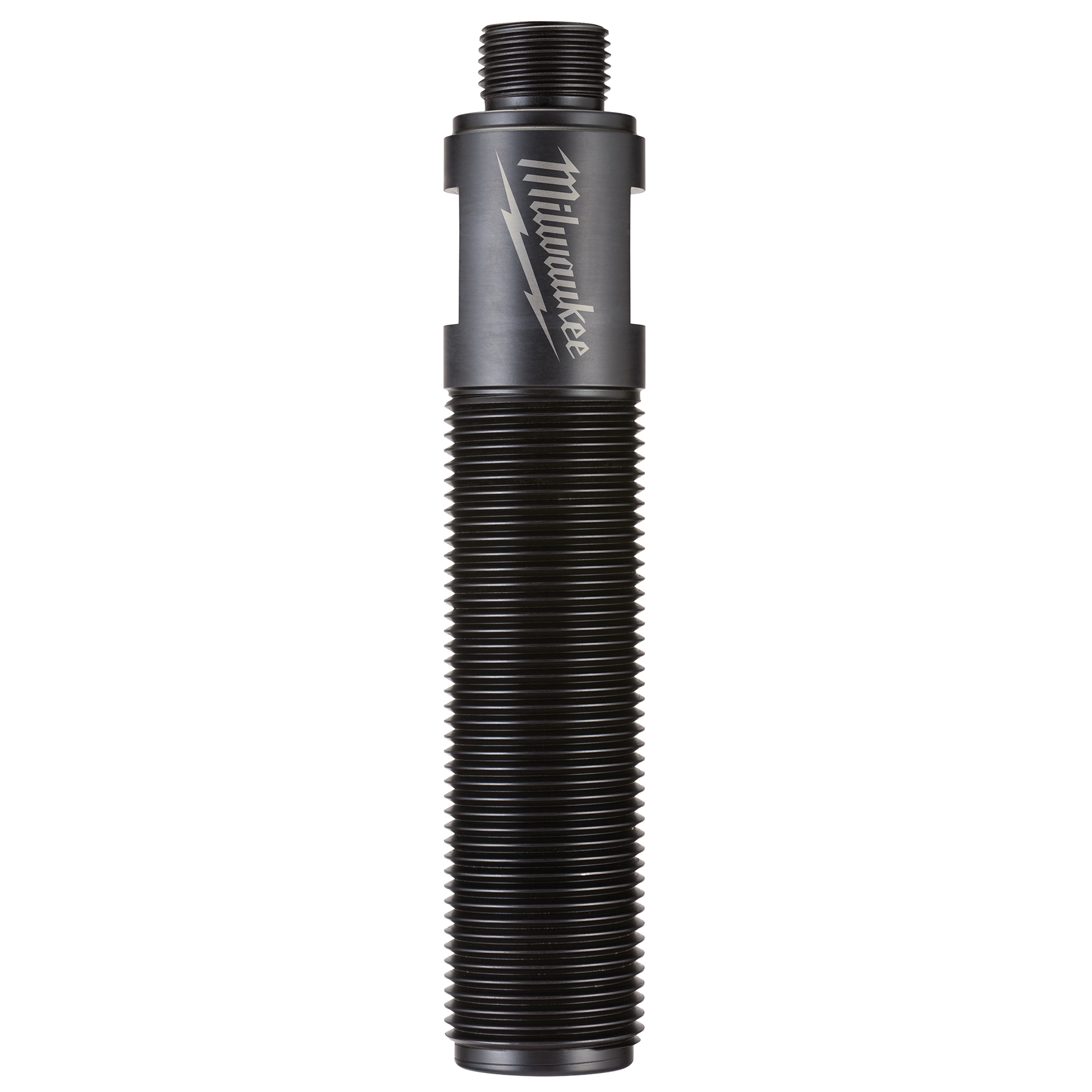Exact™ 1-1/8" Long Draw Stud, a black metal cylindrical tool with threaded sections and a branded logo featuring a lightning bolt near one end. It is designed for use in heavy-duty applications to draw materials through other objects.