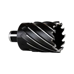HSS Angular Cutter, a cylindrical cutting tool with helical flutes and sharp teeth designed for efficient drilling and cutting applications.