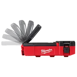 Milwaukee M12 PACKOUT Flood Light w/ USB Charging shown with adjustable light head in various positions, red and black casing.