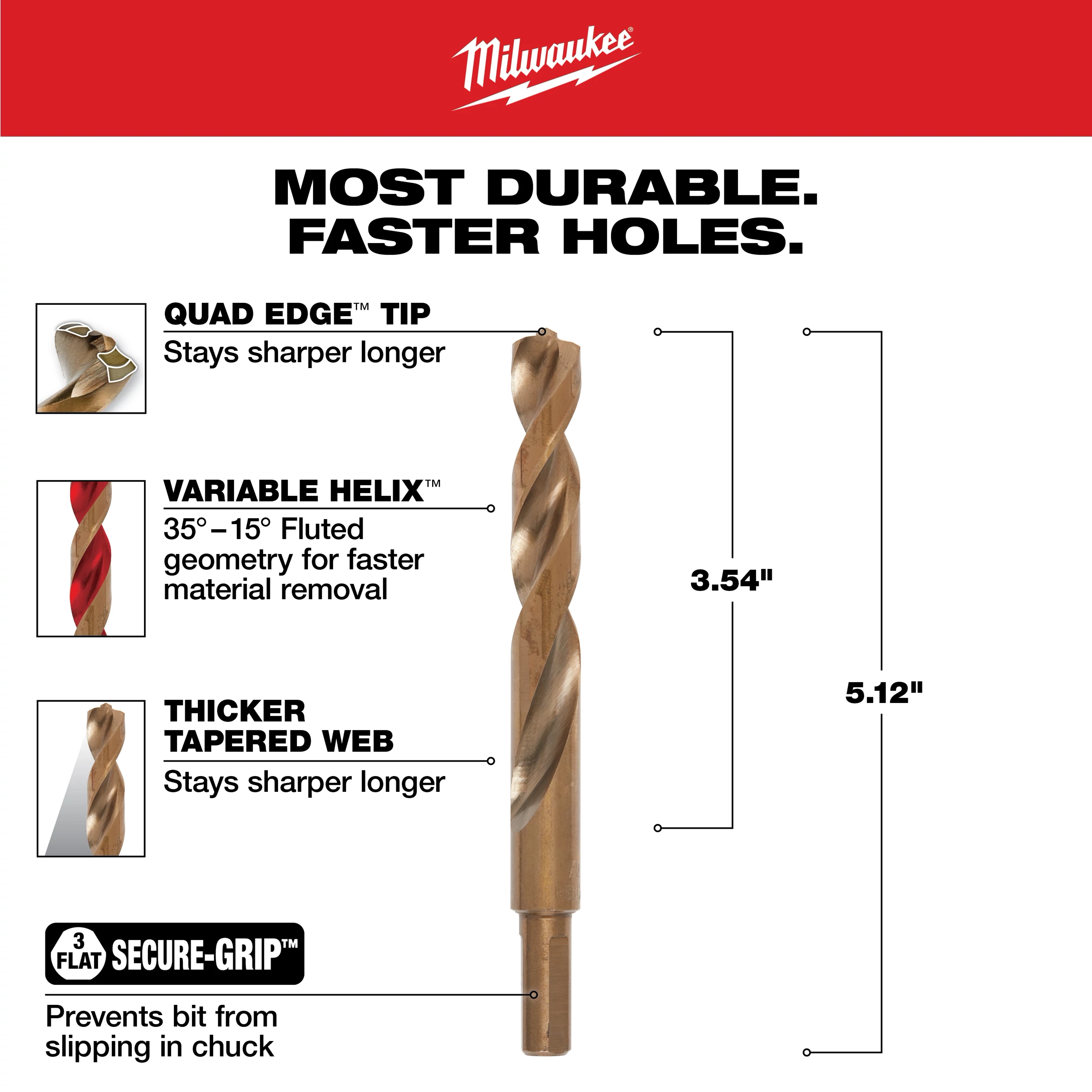 The 1/2 in. Cobalt Red Helix Twist Drill Bit has a quad edge tip, variable helix with 35°-15° fluted geometry, thicker tapered web for durability, and a 3-flat Secure-Grip to prevent slipping. It measures 3.54 inches in working length and 5.12 inches in total length.