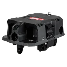 Milwaukee Air Tip Dust Collector features a robust black plastic construction with a rectangular design and multiple hose inlets. The Milwaukee logo in red is visible on top. This tool is used for collecting dust in various industrial and worksite applications.