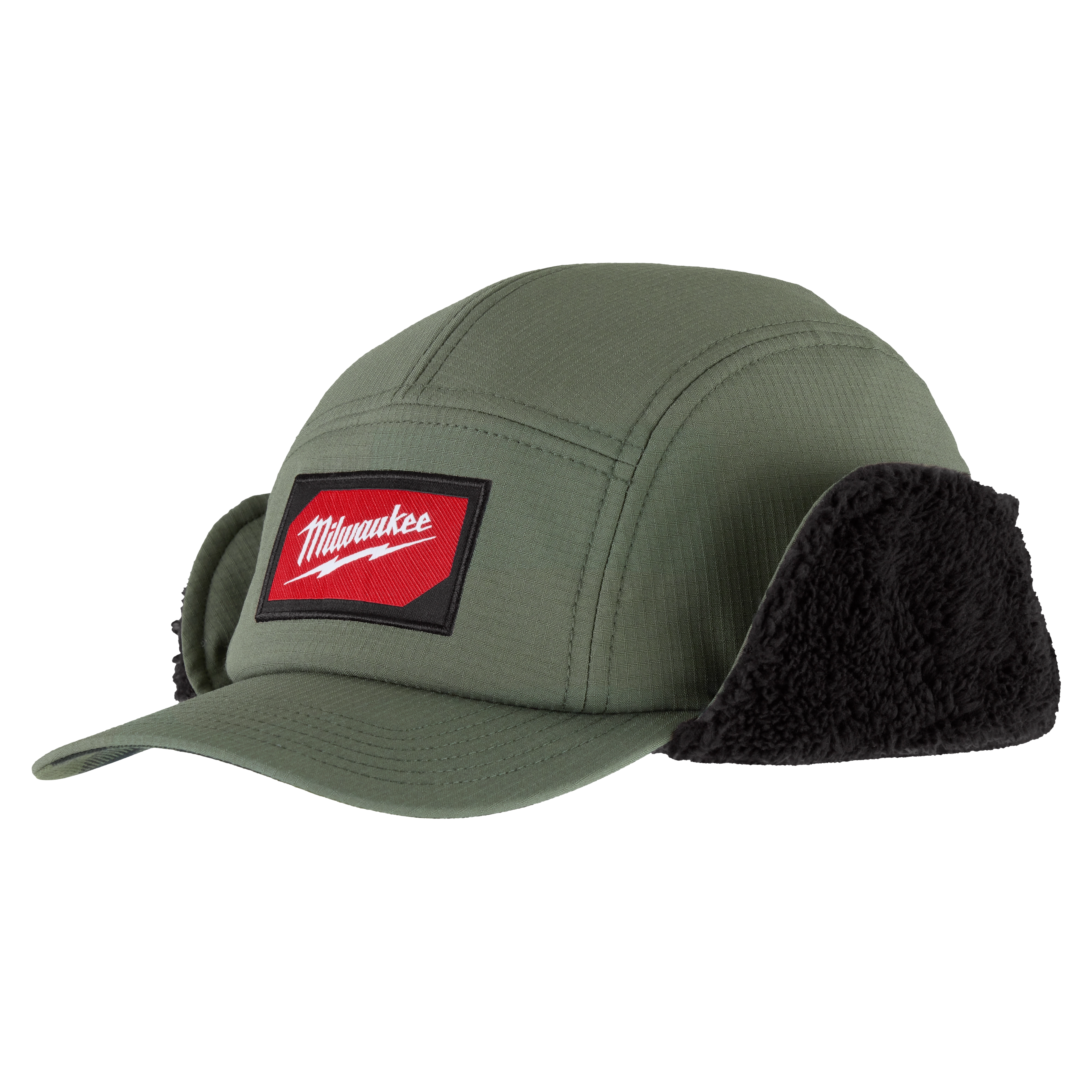 Green Sherpa-Lined Hat with a red and black logo on the front, black sherpa lining on the ear flaps, and a curved brim.