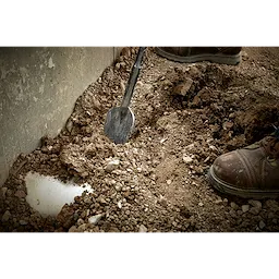 SDSMAX 4.25" X 16" CLAY SPADE digging into compact soil near a concrete structure, with a worker wearing brown boots nearby.