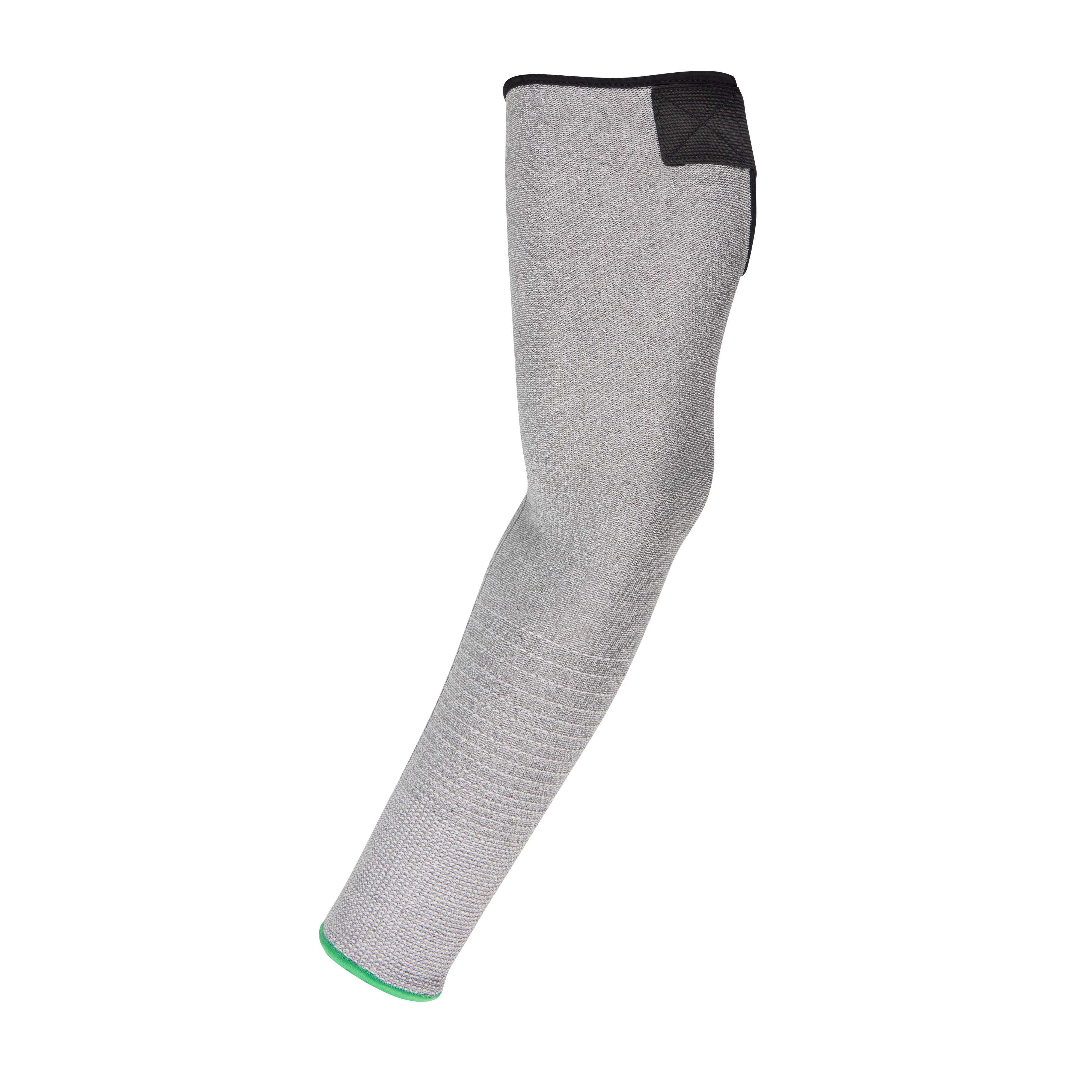 Cut Level 6 Protective Sleeves in gray fabric with green stitching at one end, designed to safeguard arms from cuts and abrasions.