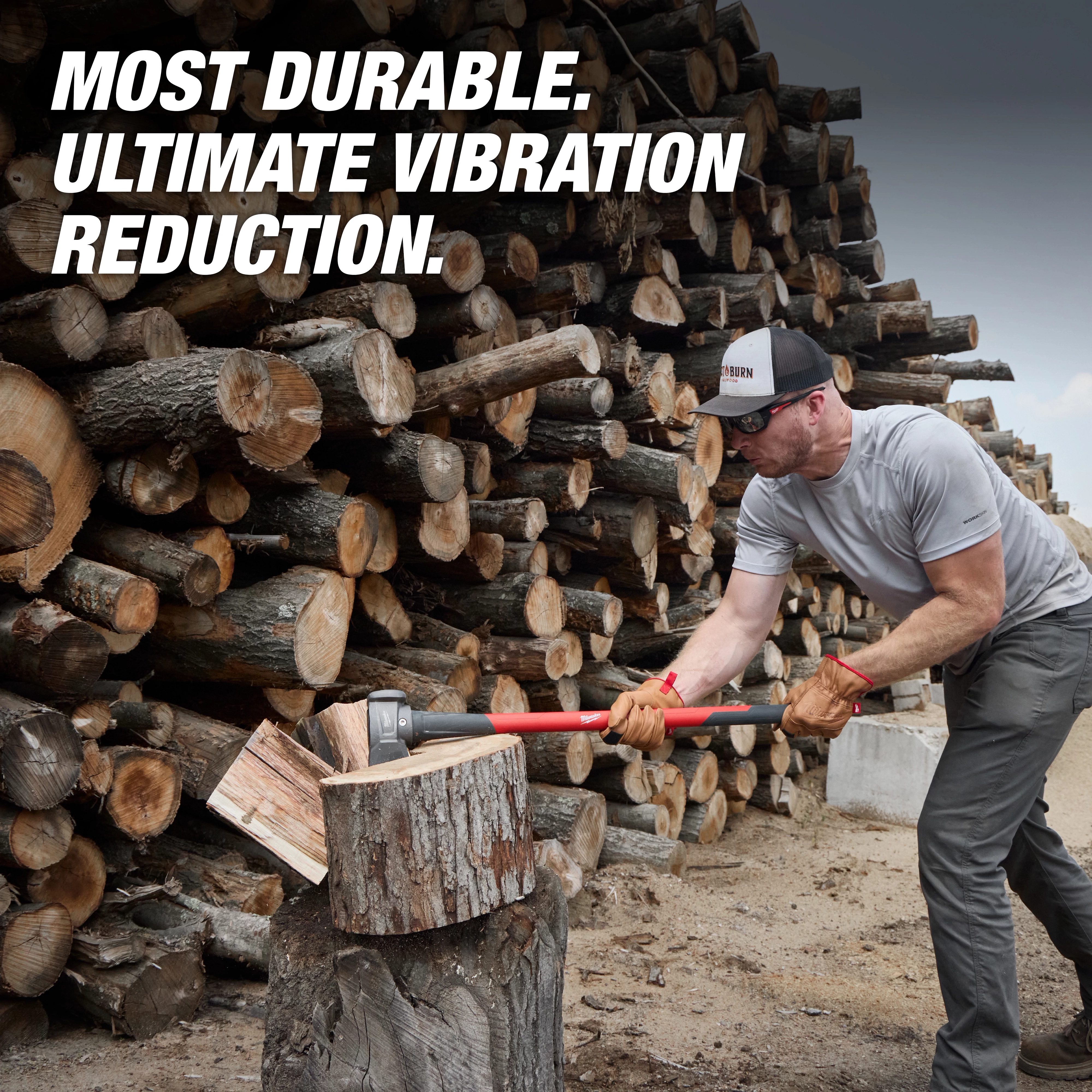 8lb Splitting Maul (36" Handle) in use, splitting wood with a large stack of logs in the background. Text reads, "Most Durable. Ultimate Vibration Reduction."