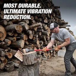 8lb Splitting Maul (36" Handle) in use, splitting wood with a large stack of logs in the background. Text reads, "Most Durable. Ultimate Vibration Reduction."