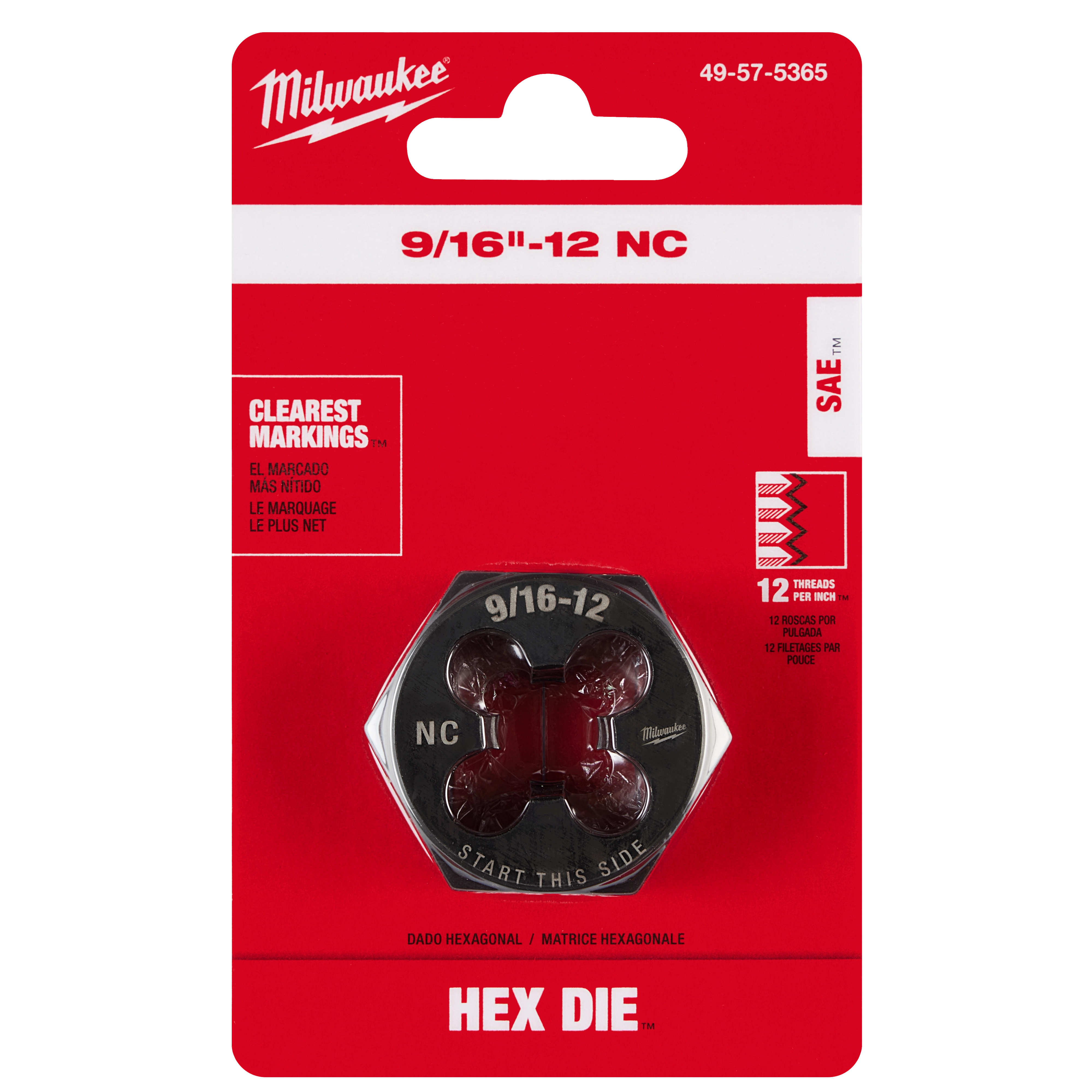 9/16"-12 NC 1-7/16" Hex Threading Die packaged in red and white, featuring clearest markings and 12 threads per inch.