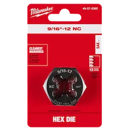 9/16"-12 NC 1-7/16" Hex Threading Die packaged in red and white, featuring clearest markings and 12 threads per inch.