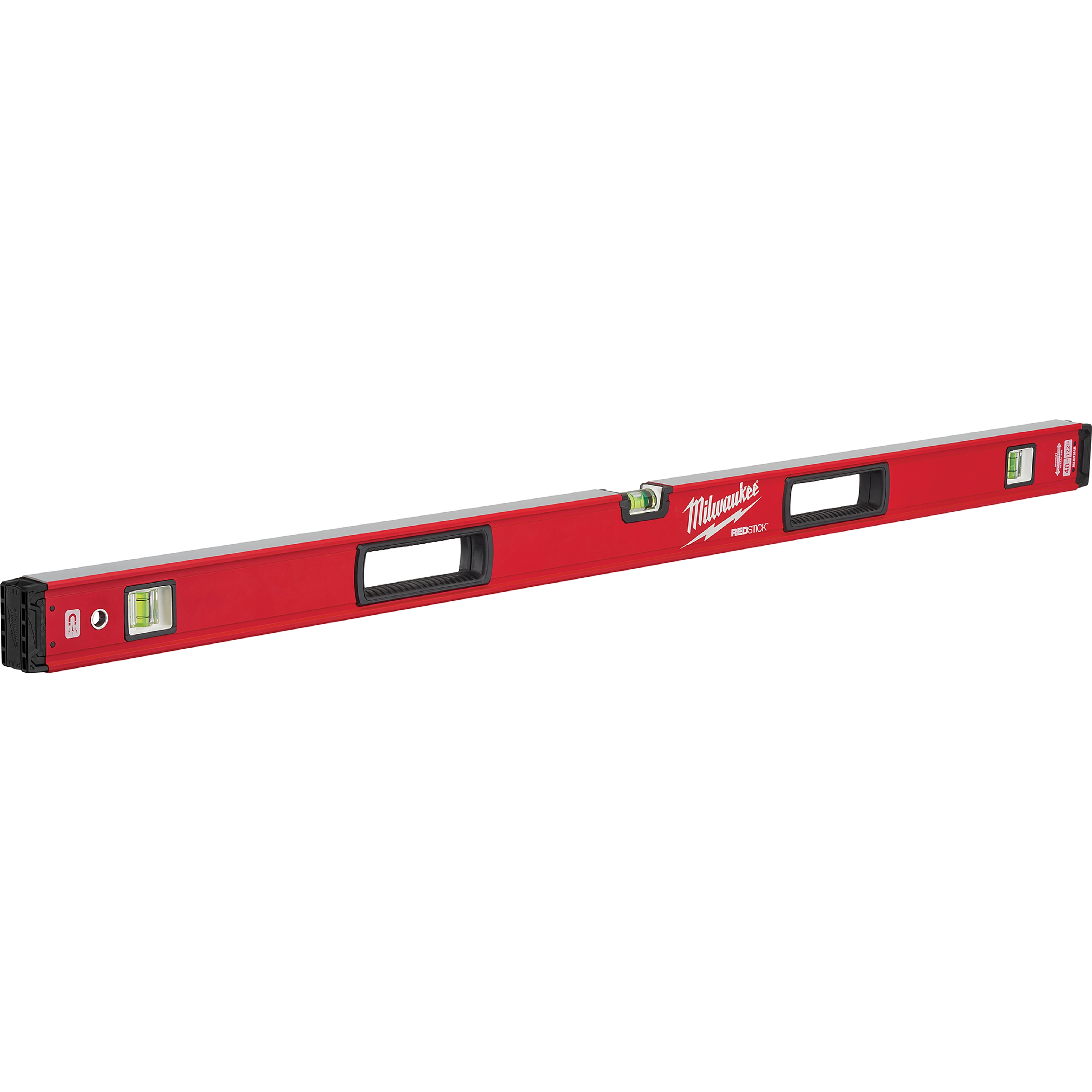 Milwaukee REDSTICK Level with a red body, three vials, and two handles for enhanced grip, designed for precise leveling tasks.