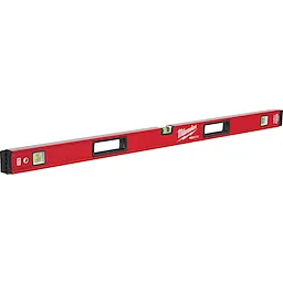 Milwaukee REDSTICK Level with a red body, three vials, and two handles for enhanced grip, designed for precise leveling tasks.