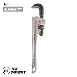 The Milwaukee 18" Aluminum Pipe Wrench features a jaw capacity of up to 2 1/2 inches. Its lightweight aluminum body and adjustable jaw are designed for durability and ease of use in plumbing tasks.
