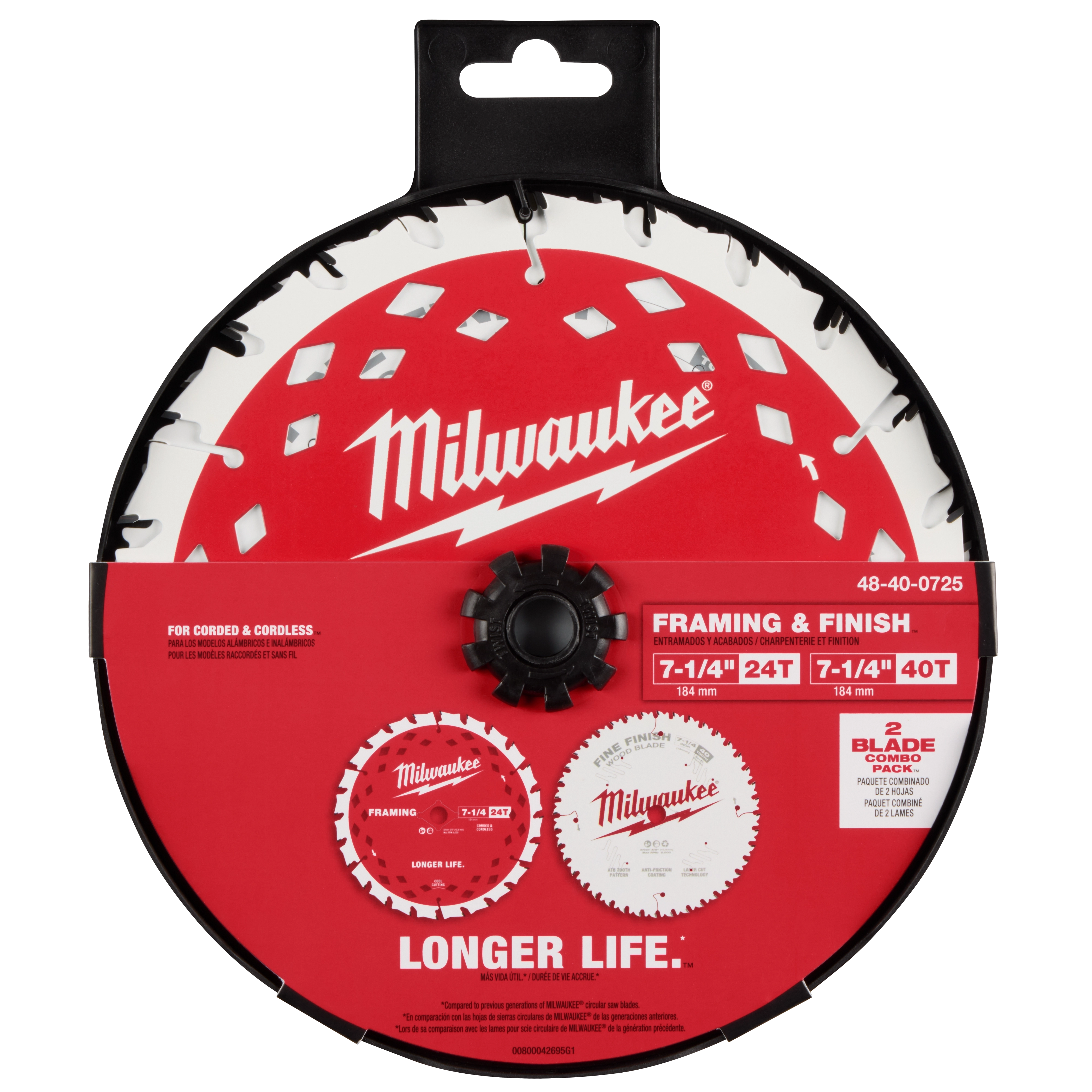 Milwaukee 7-1/4" 24T & 40T Circular Saw Blade 2PK for framing and finishing, featuring one red and one white blade in packaging.