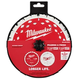 Milwaukee 7-1/4" 24T & 40T Circular Saw Blade 2PK for framing and finishing, featuring one red and one white blade in packaging.
