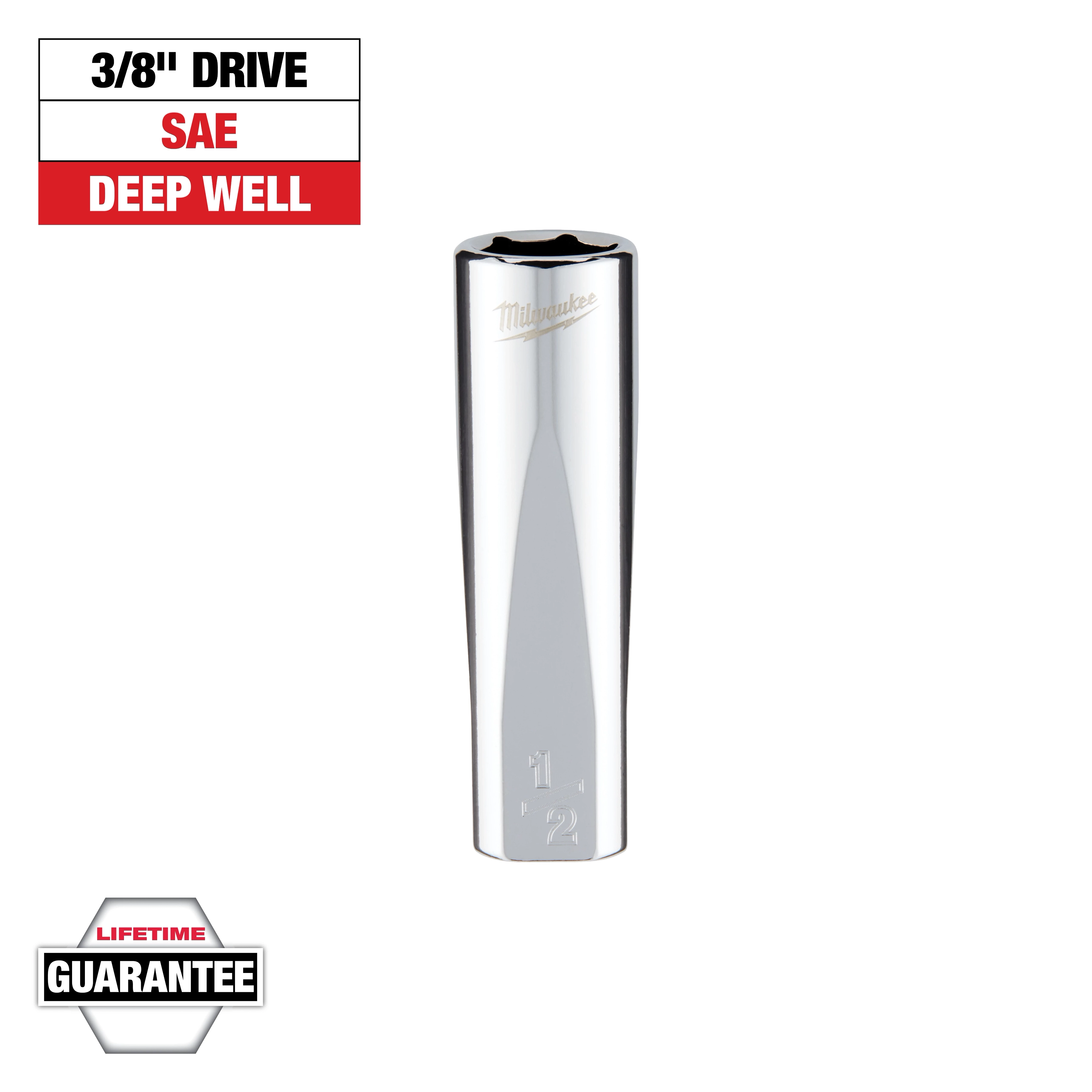 A 3/8'' drive SAE deep well socket by Milwaukee is shown. The image highlights the socket's reflective finish, with text indicating a lifetime guarantee. The socket size is marked as 1/2 inch.