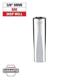 A 3/8'' drive SAE deep well socket by Milwaukee is shown. The image highlights the socket's reflective finish, with text indicating a lifetime guarantee. The socket size is marked as 1/2 inch.