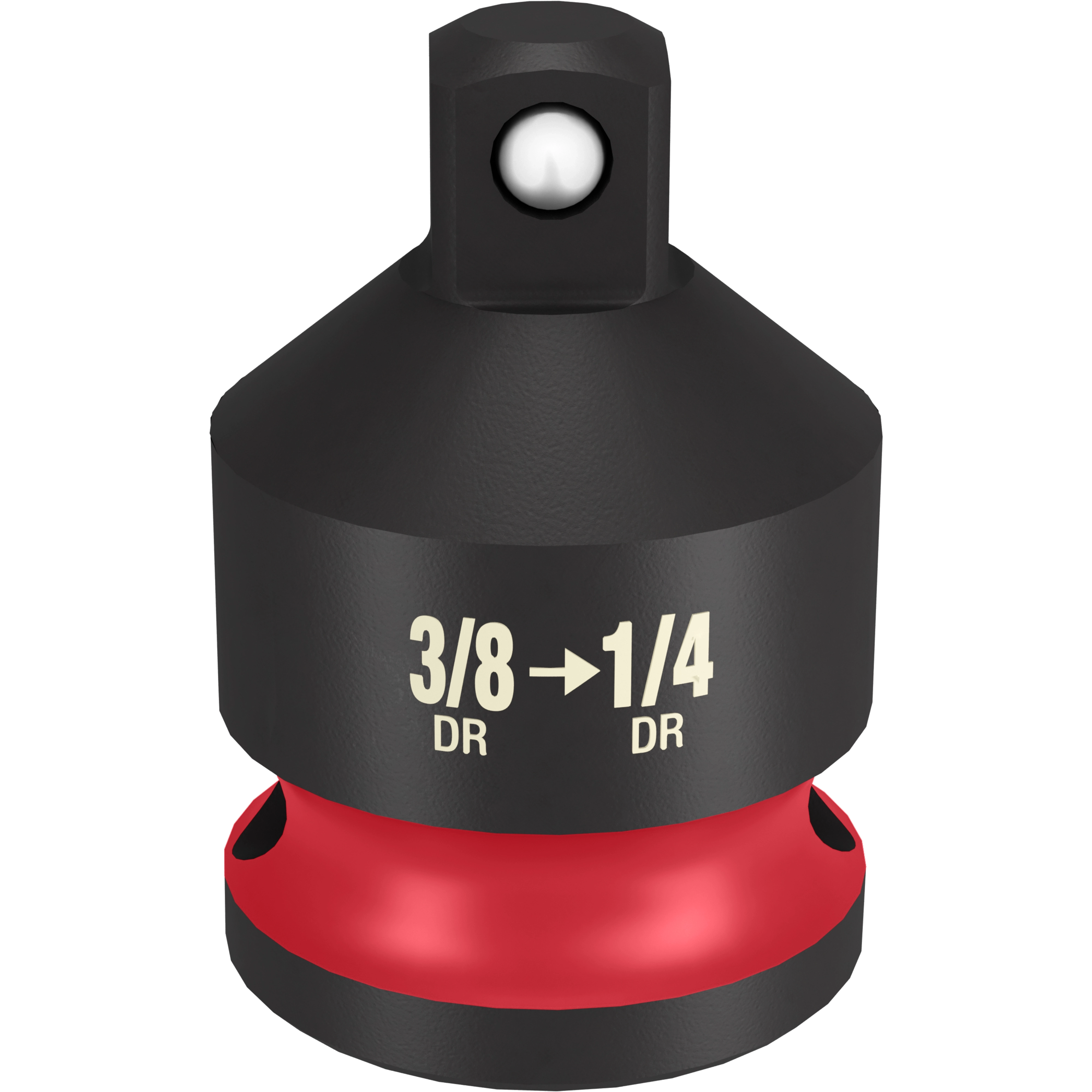 A black and red 3/8" DR to 1/4" DR reducer, designed to adapt sockets from a 3/8-inch drive to a 1/4-inch drive. The reducer features clear labeling of its changing drive sizes on the body.