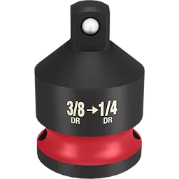 A black and red 3/8" DR to 1/4" DR reducer, designed to adapt sockets from a 3/8-inch drive to a 1/4-inch drive. The reducer features clear labeling of its changing drive sizes on the body.