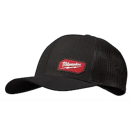 GRIDIRON Snapback Trucker Hat in black features a mesh back and red Milwaukee logo patch on the front.