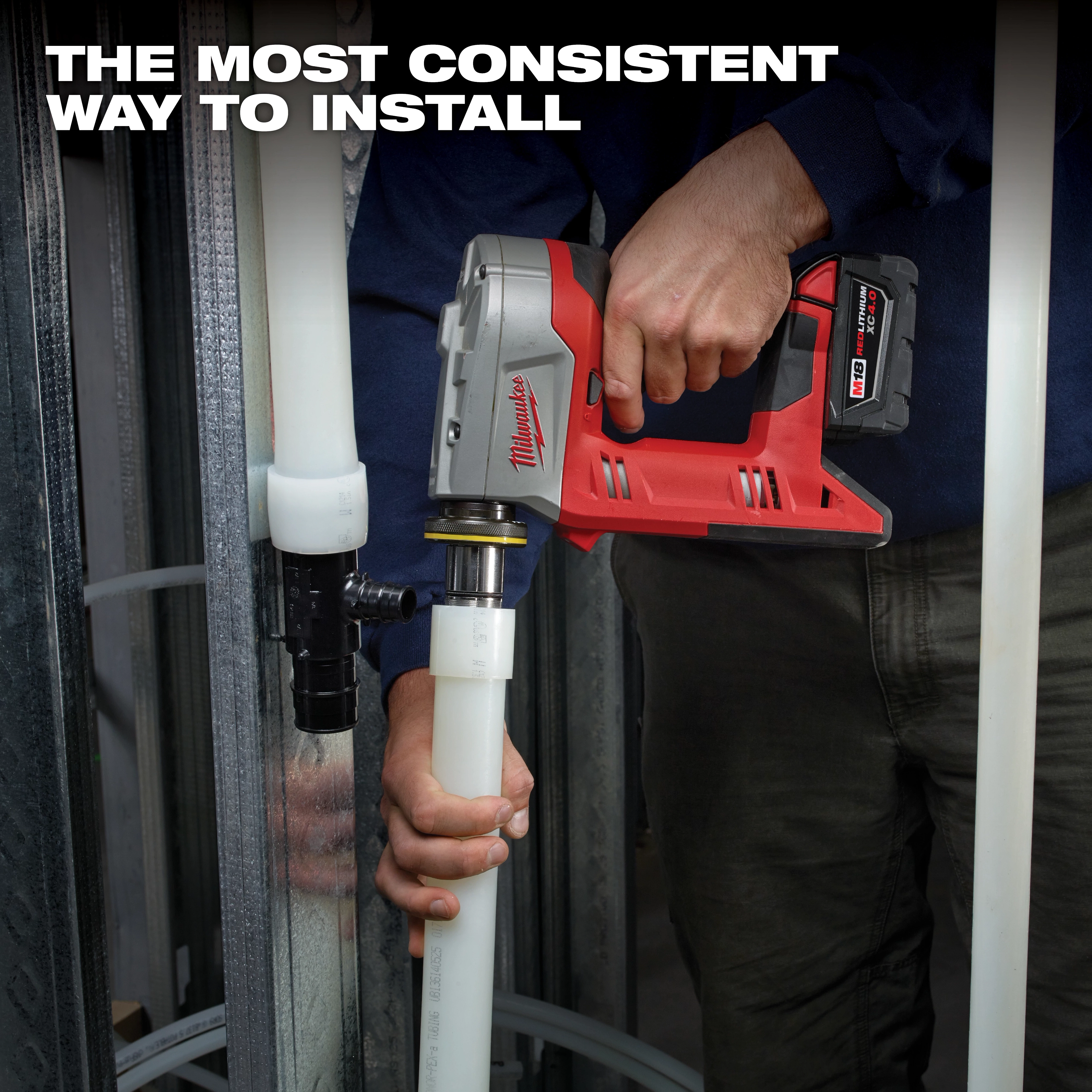 Man using the M18 ProPEX Expansion Tool Kit to install piping on a metal frame. Text on image reads, "The most consistent way to install."