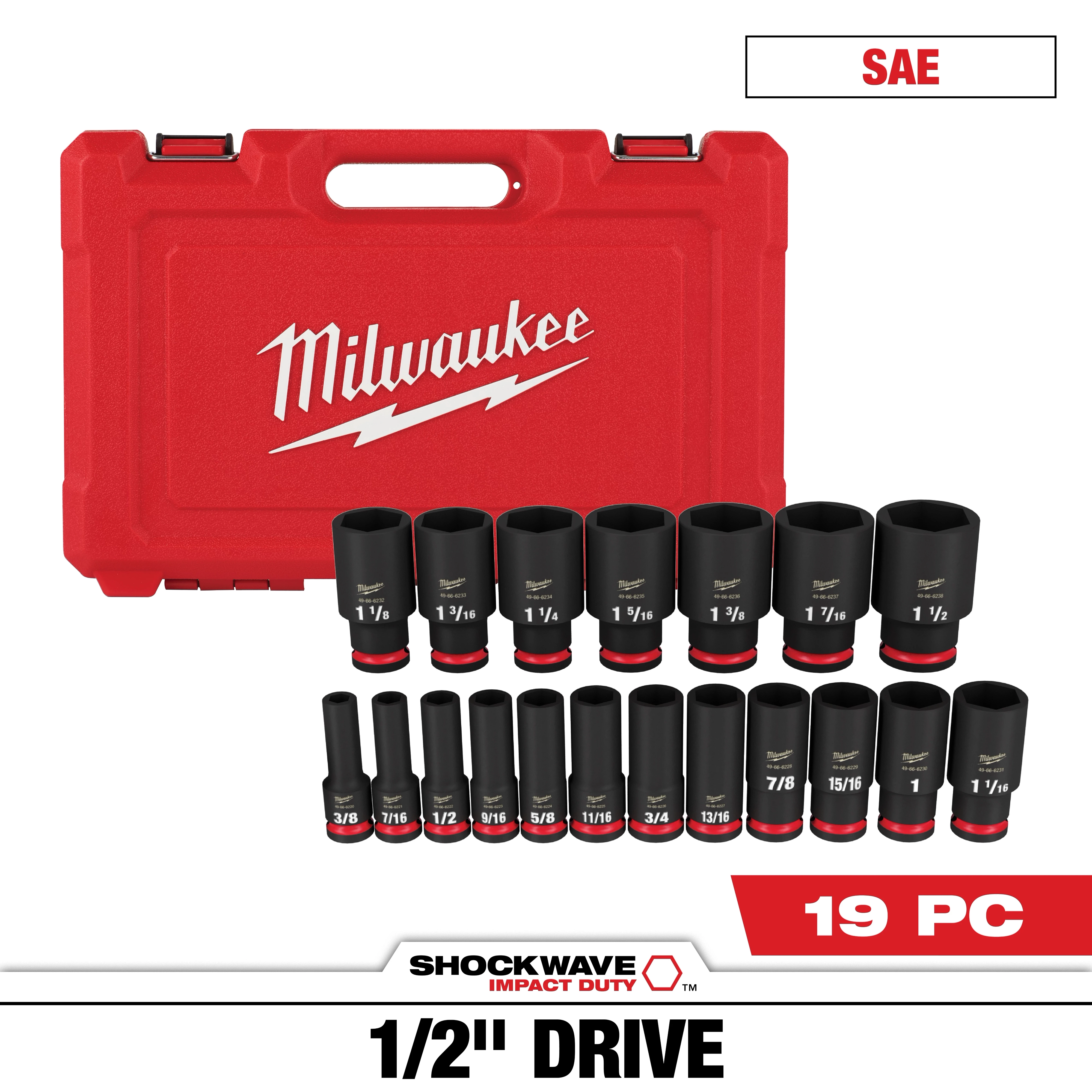 The SHOCKWAVE 1/2 in. Drive SAE 6 Point Impact Socket Set (19-Piece) includes various socket sizes organized in a red Milwaukee case with the company's logo. The set is designed for impact duty use.
