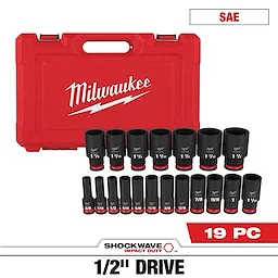 The SHOCKWAVE 1/2 in. Drive SAE 6 Point Impact Socket Set (19-Piece) includes various socket sizes organized in a red Milwaukee case with the company's logo. The set is designed for impact duty use.
