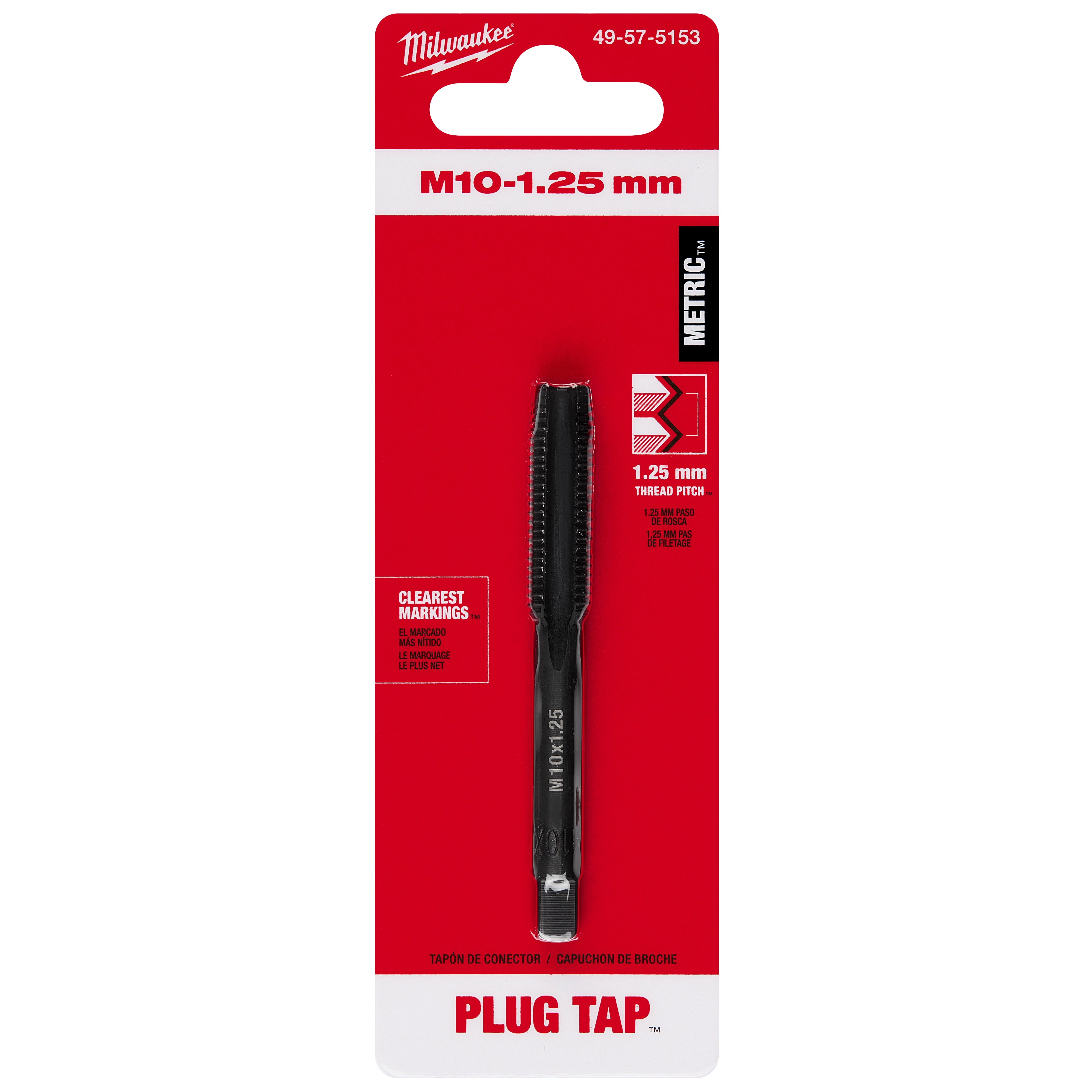 Red packaging of M10-1.25 20mm Straight Flute Plug Tap with the tool visible. Indicates metric measurement and 1.25mm thread pitch.