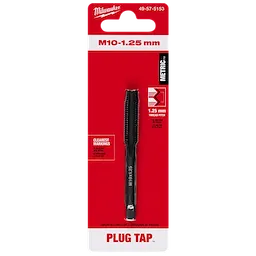 Red packaging of M10-1.25 20mm Straight Flute Plug Tap with the tool visible. Indicates metric measurement and 1.25mm thread pitch.