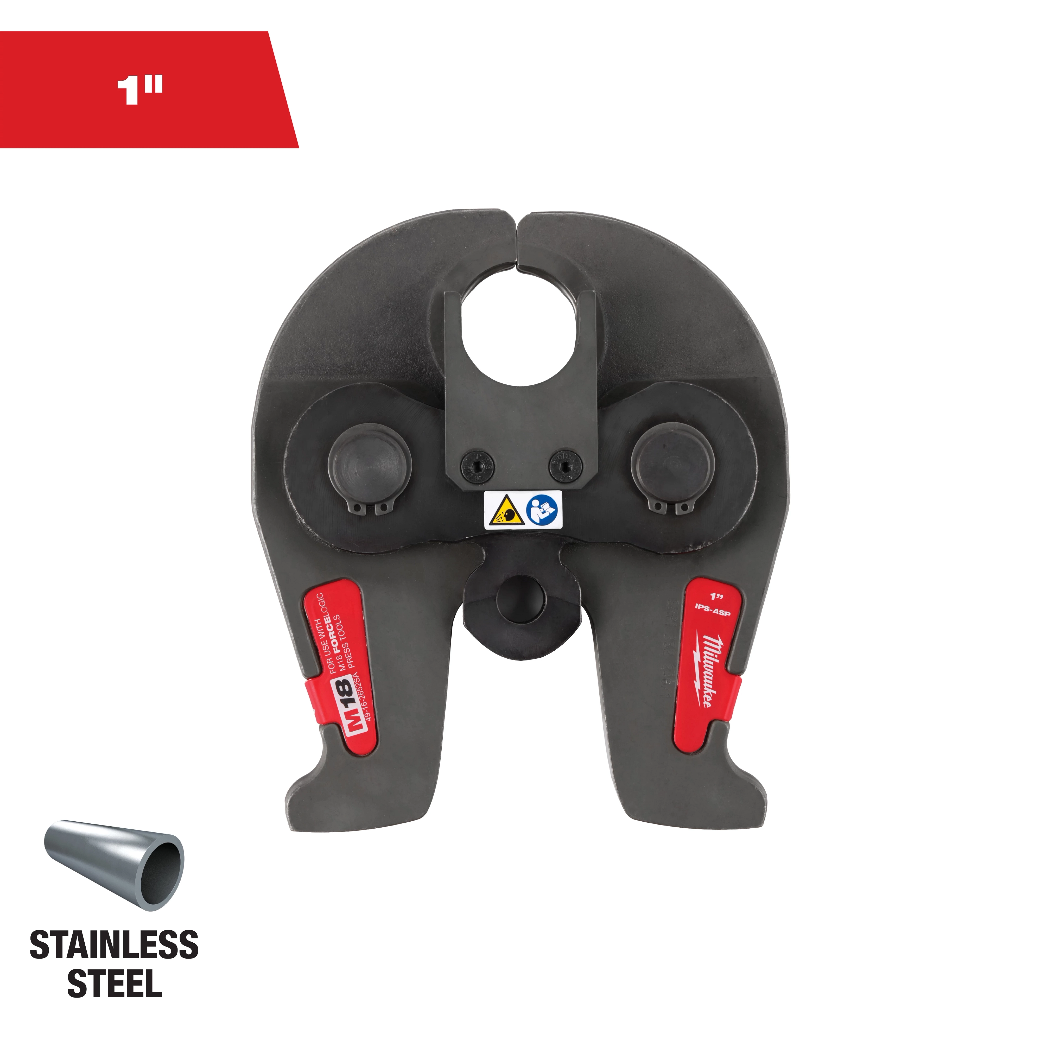 This image shows a 1-inch stainless steel Milwaukee pressing jaw tool designed for connecting pipes. The red and black tool features the Milwaukee logo and a warning symbol. A small steel pipe section is seen in the bottom-left corner, labeled "STAINLESS STEEL."