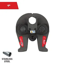 This image shows a 1-inch stainless steel Milwaukee pressing jaw tool designed for connecting pipes. The red and black tool features the Milwaukee logo and a warning symbol. A small steel pipe section is seen in the bottom-left corner, labeled "STAINLESS STEEL."