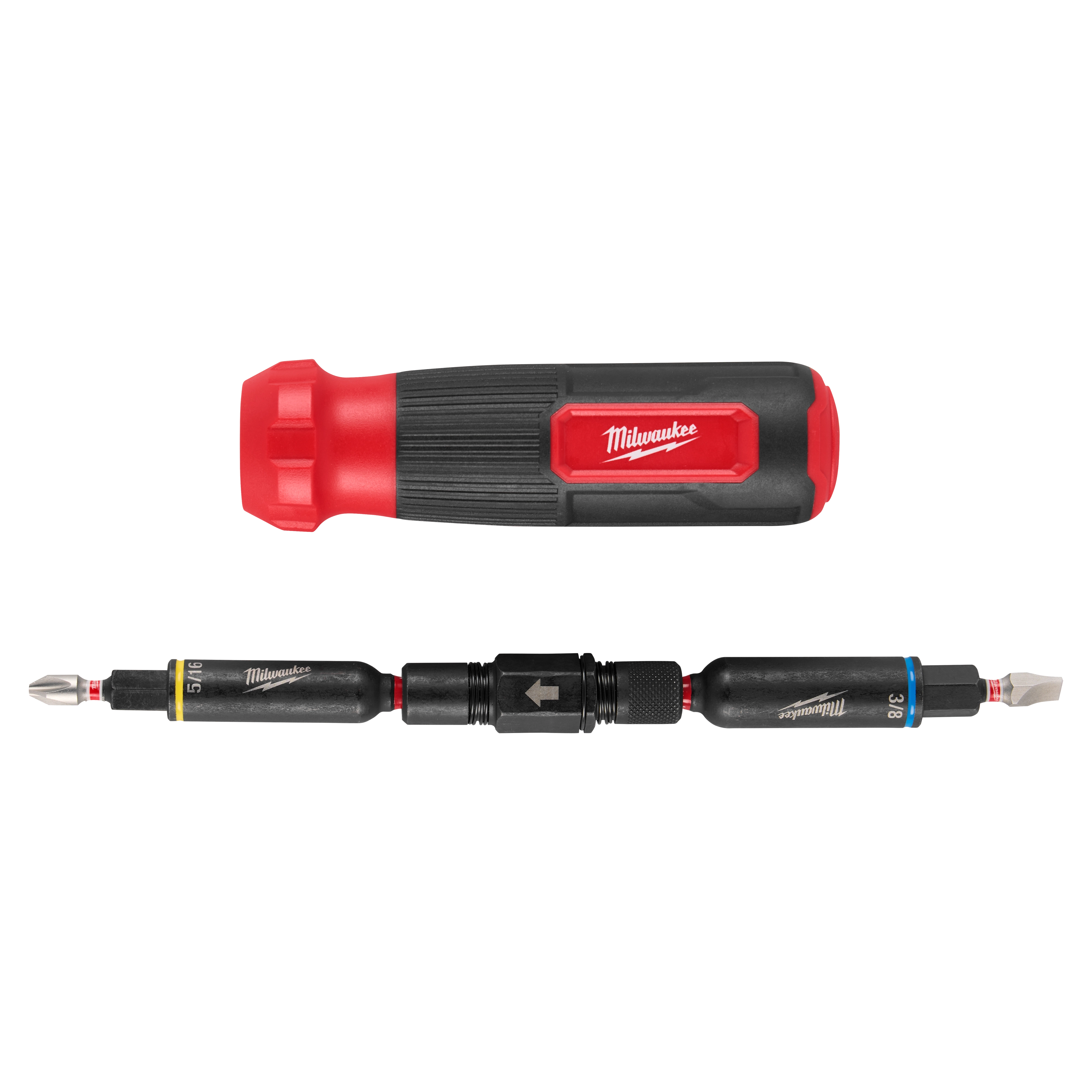 The 8-IN-1 Multi-Bit & Nut Driver with SHOCKWAVE Impact Duty Bits & Nut Drivers is a Milwaukee tool featuring interchangeable bits, each labeled for easy identification. This versatile tool features both nut drivers and screwdriver bits, catering to a range of tasks.