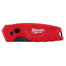 Milwaukee FASTBACK Compact Folding Utility Knife features a red ergonomic handle with black buttons for blade operation.