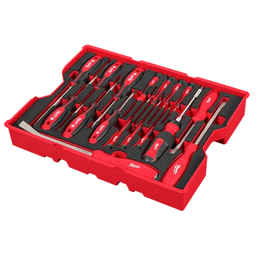 The image shows a 17PC Screwdriver & Pry Bar Set with Tray for PACKOUT™ Drawers. The set includes various sizes of red-handled screwdrivers and pry bars, neatly organized in a red tray, designed to fit PACKOUT™ storage drawers.