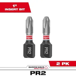 This image showcases two SHOCKWAVE™ 1" Impact Duty Reduced Diameter Phillips #2 Drywall Insert Bits. The text highlights the product's key characteristics: size (1"), type (insert bit), packaging (2-pack), and brand (Milwaukee). The bits are black with "PR2" labeled on them and feature a red band near the tip.