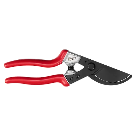 Red-handled 1” Angled Pruner with a black cutting blade and metal spring mechanism. Ideal for precise pruning tasks.