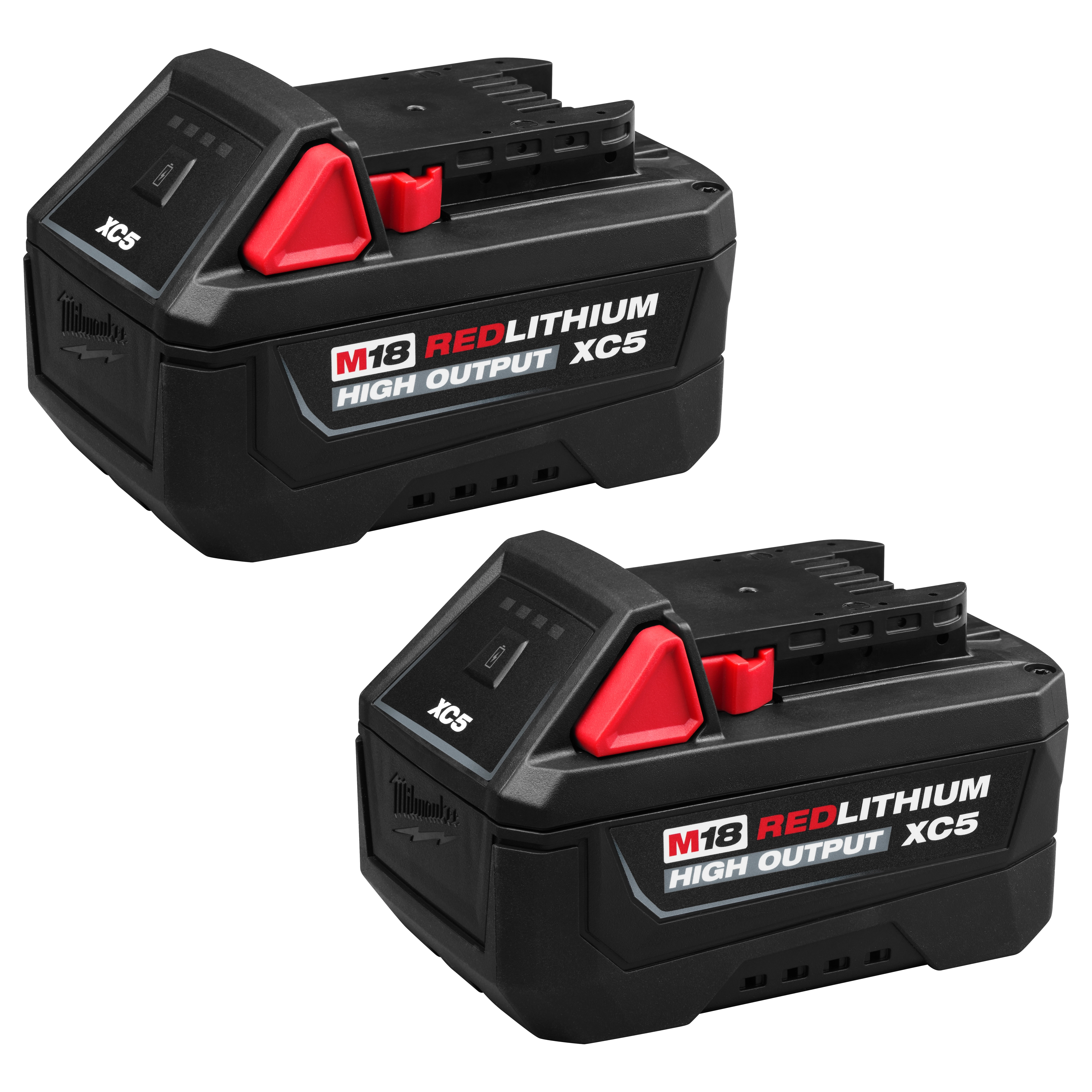 Two black power tool batteries labeled M18 REDLITHIUM HIGH OUTPUT XC5 Battery Two Pack, shown side by side.