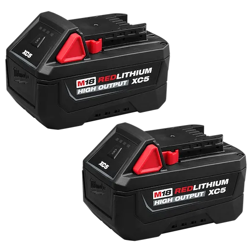 Two black power tool batteries labeled M18 REDLITHIUM HIGH OUTPUT XC5 Battery Two Pack, shown side by side.