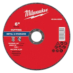 Red 6"x.045"x7/8" Metal Cut Off Wheel-Type 1 for cutting metal and stainless steel, with a maximum RPM of 10,200.