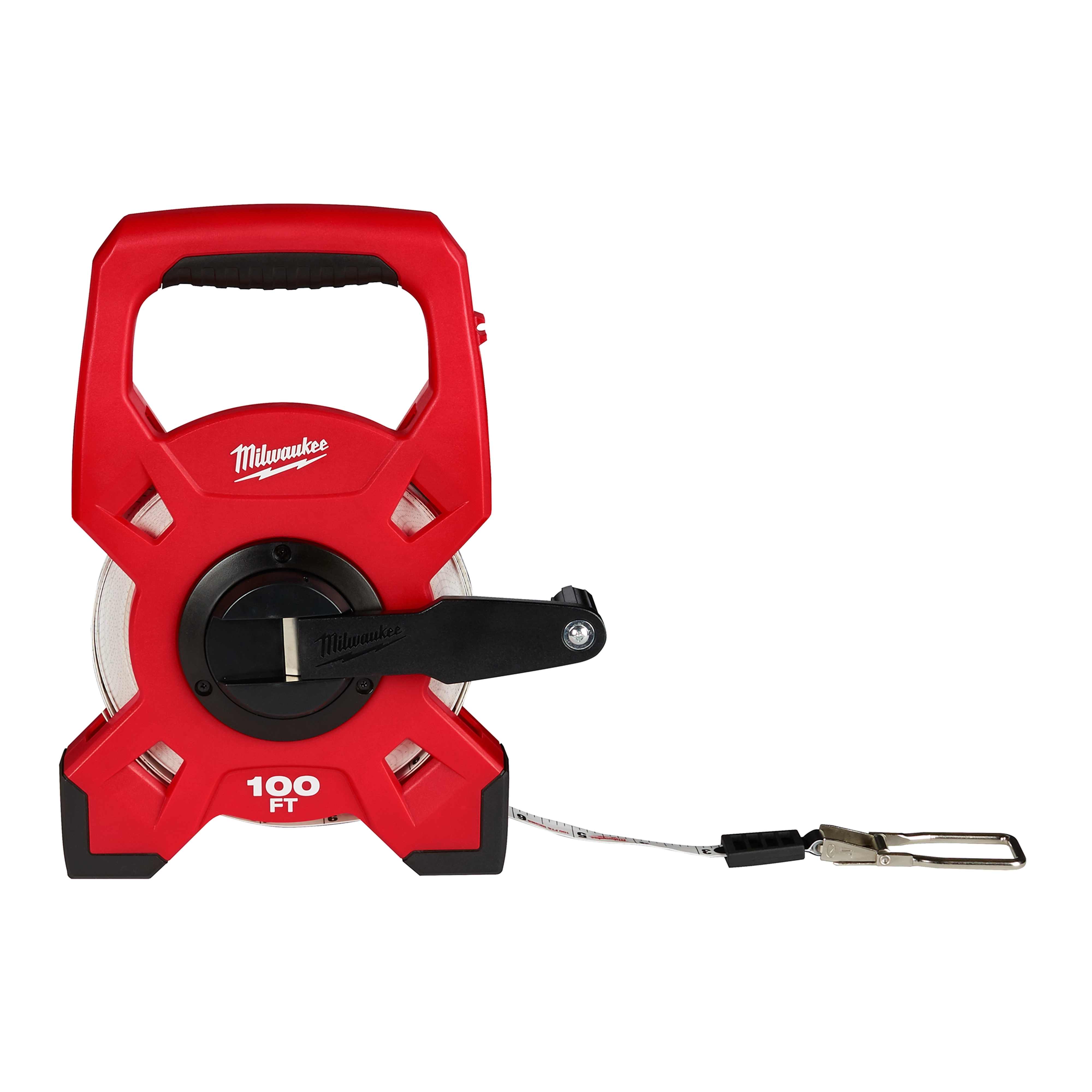 The image features a red 100ft Fiberglass Long Tape with a black handle, winding crank, and a metal hook at the end of the tape.