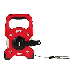The image features a red 100ft Fiberglass Long Tape with a black handle, winding crank, and a metal hook at the end of the tape.