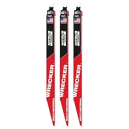The 12-inch WRECKER™ with NITRUS™ Carbide SAWZALL® Blade for Multi-Material (3 PK) is shown. These blades are designed for various cutting tasks, featuring red and black coloring with "WRECKER™" labeled prominently in white letters and American flags on the top.