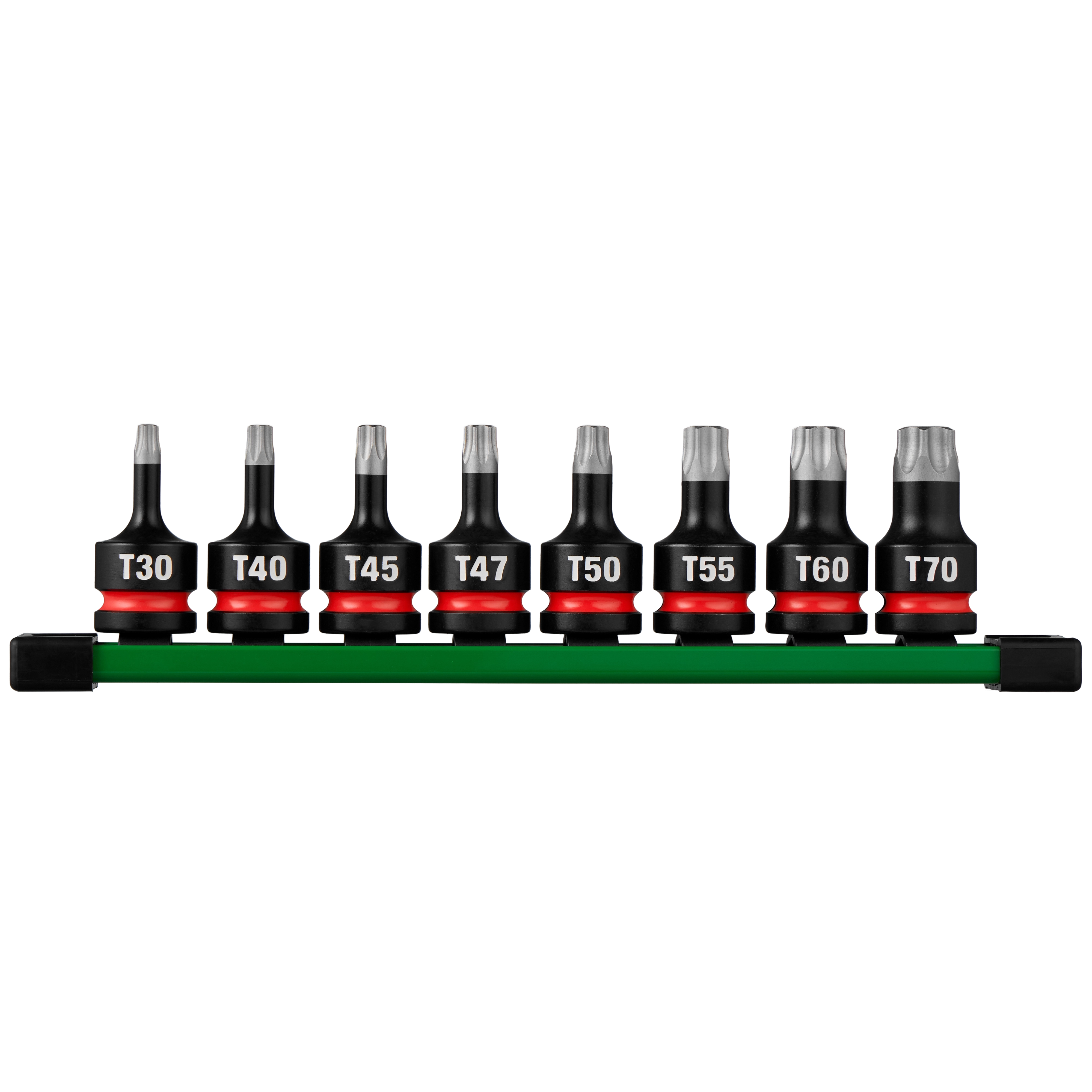 8PC SHOCKWAVE Impact Duty 1/2" Drive 2" Torx Bit Socket Set arranged on a rail with labeled sizes T30–T70.