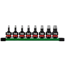 8PC SHOCKWAVE Impact Duty 1/2" Drive 2" Torx Bit Socket Set arranged on a rail with labeled sizes T30–T70.
