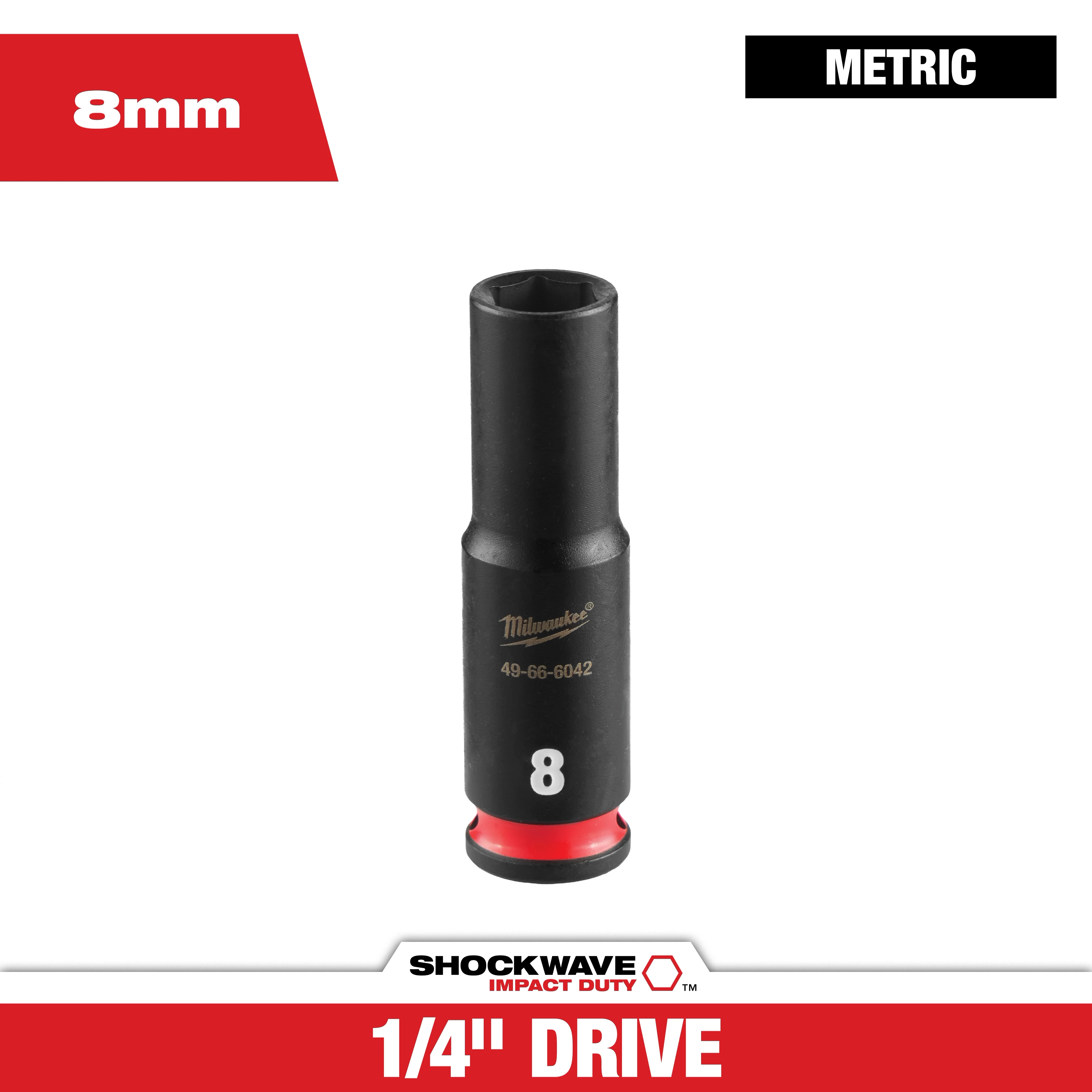 SHOCKWAVE Impact Duty 1/4" Drive 8MM Deep 6 Point Socket standing upright on a white background.
