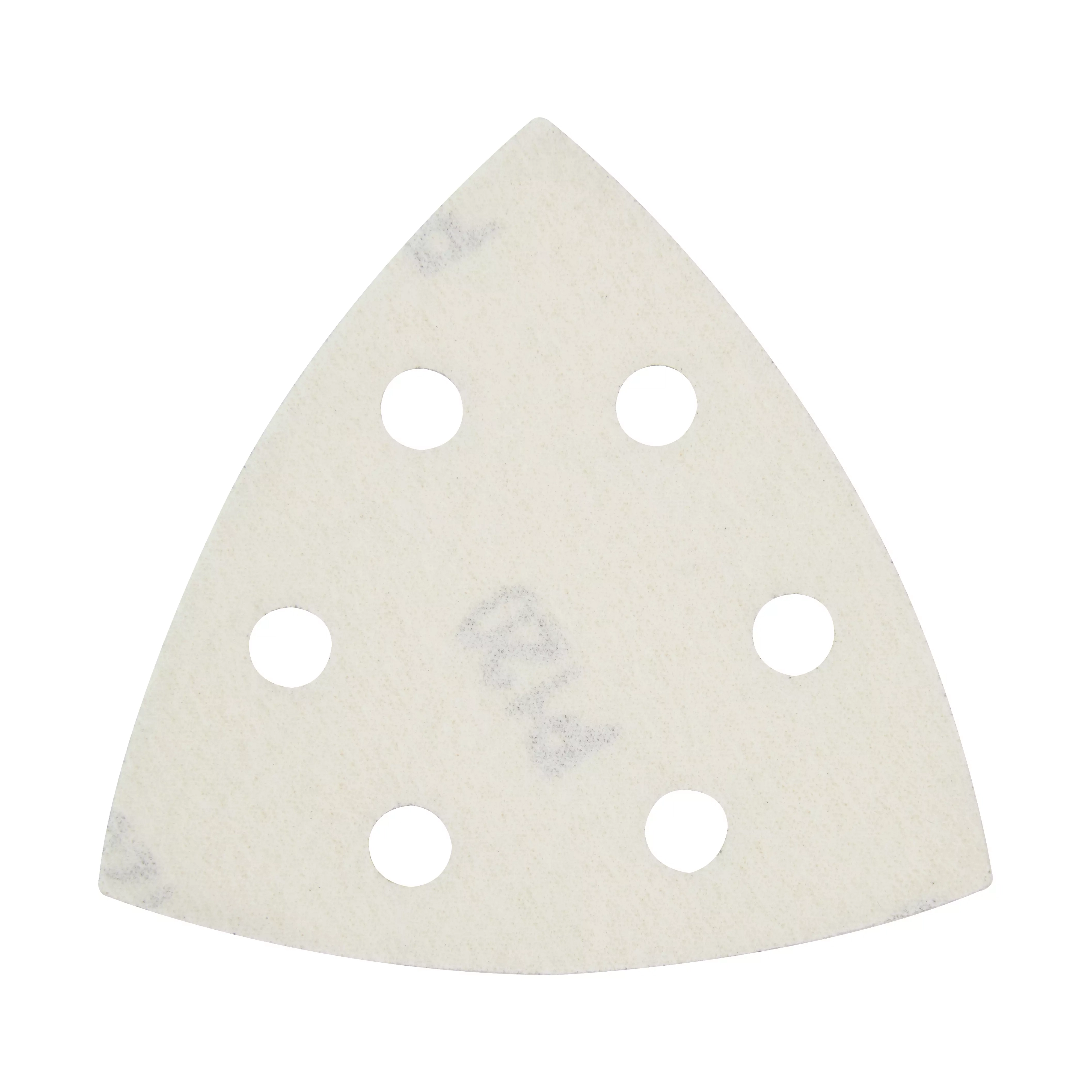 Milwaukee OMT Blades, 120 Grit Sandpaper (6 pack) features a triangular shape with six evenly spaced holes for dust extraction.