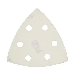 Milwaukee OMT Blades, 120 Grit Sandpaper (6 pack) features a triangular shape with six evenly spaced holes for dust extraction.