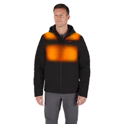 M12 Heated AXIS Jacket shown with highlighted heating zones on the chest and back, worn by a person. Black jacket with zip front.