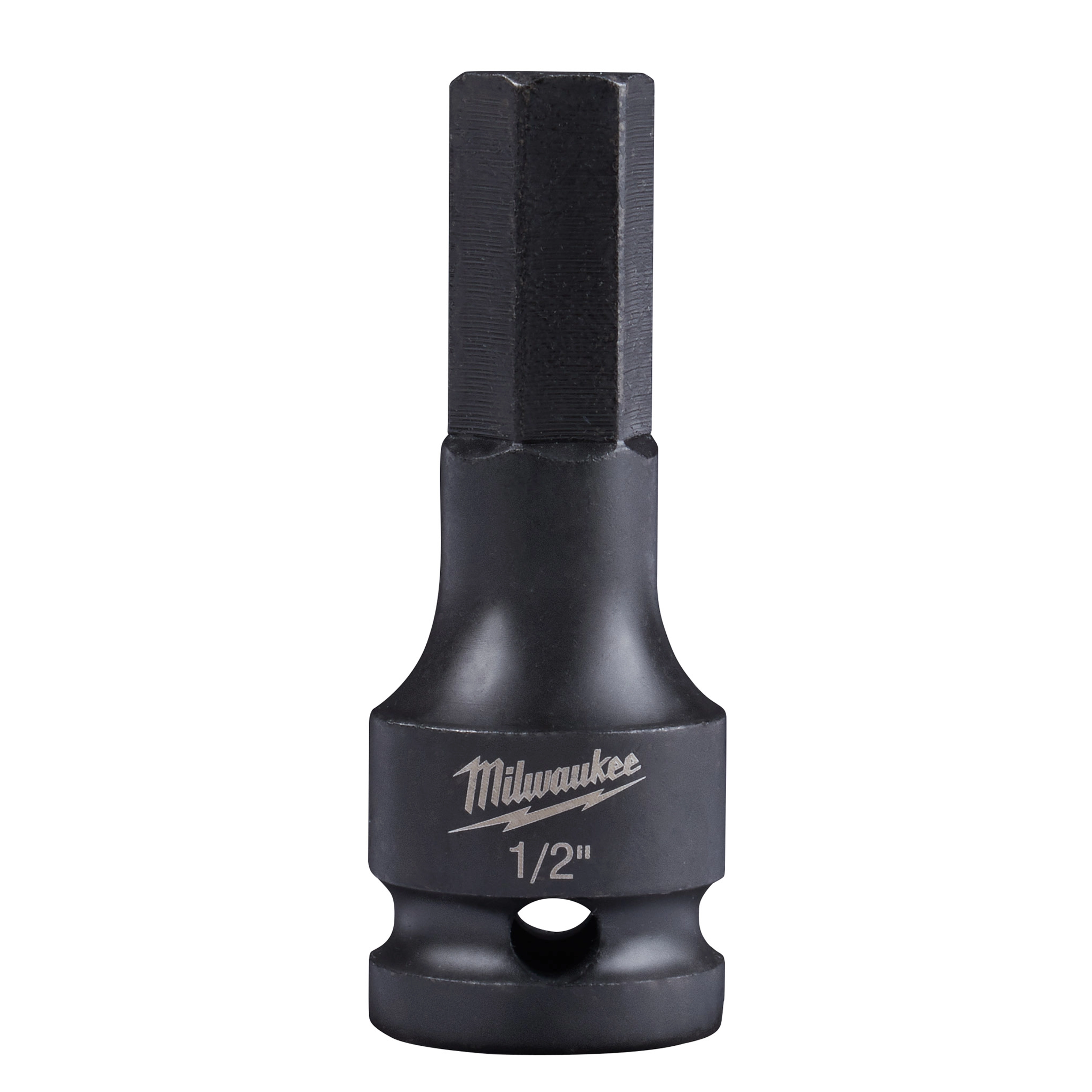 A 1/2" drive, 1/2" hex bit socket with a black finish and the brand name "Milwaukee" engraved on the side.