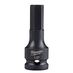 A 1/2" drive, 1/2" hex bit socket with a black finish and the brand name "Milwaukee" engraved on the side.